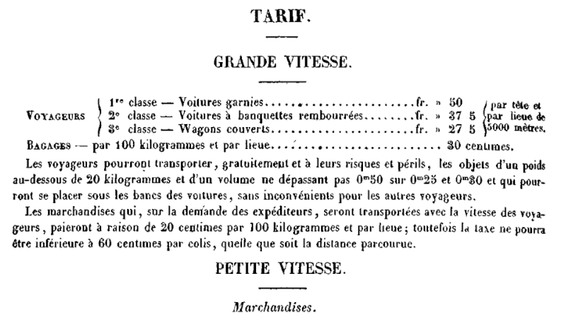 Tarif des billets chemin de fer Prince-Henri en 1855 Tarif110