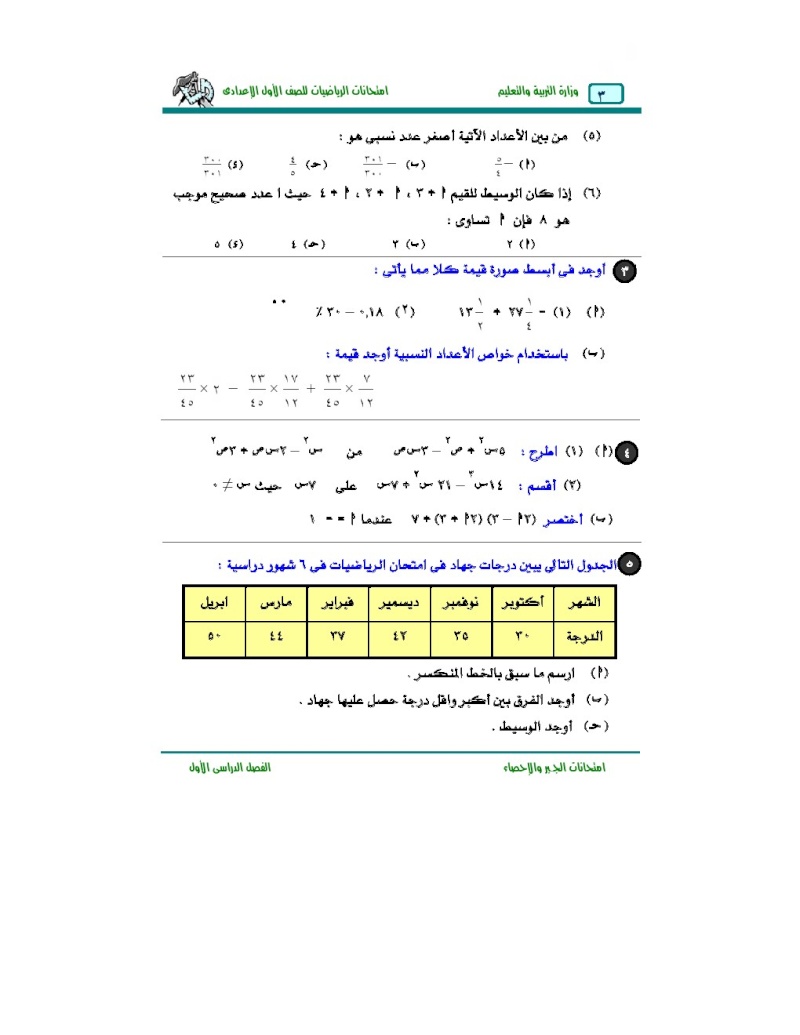 نماذج امتحان الجبر للصف الاول الإعدادى 000319