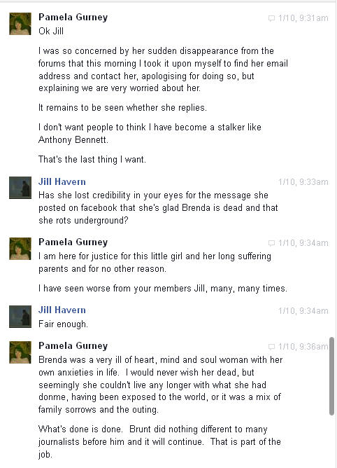 Conversation with Pamela Gurney and Jue L Hancock on Facebook regarding Brenda Leyland Pg610