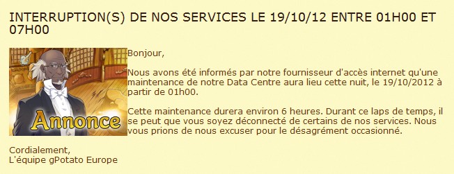 Interruption(s) de nos services le 19/10/12 entre 01h00 et 07h00 311