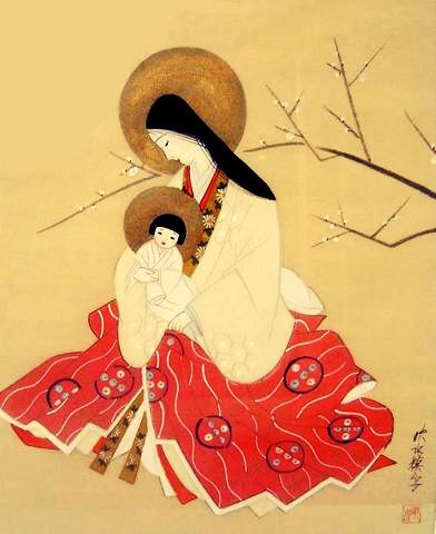 Vierge à l enfant peinture japonaise sur tissu XIXeme 47f75e10