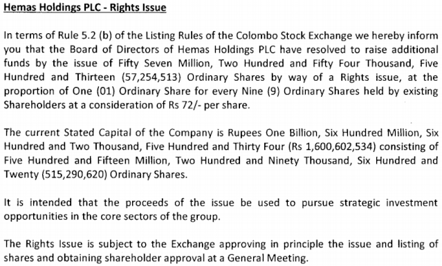 Hemas Holdings Rights Issue 1:9 @ Rs. 72/= Hhl11