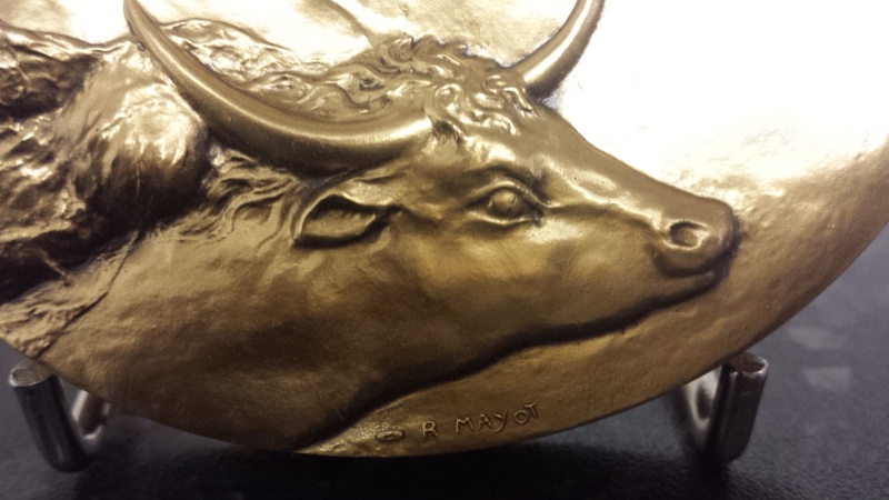 Bronze Paperweight depicting a bull galloping with a famale Signed R MAYOT 20150320