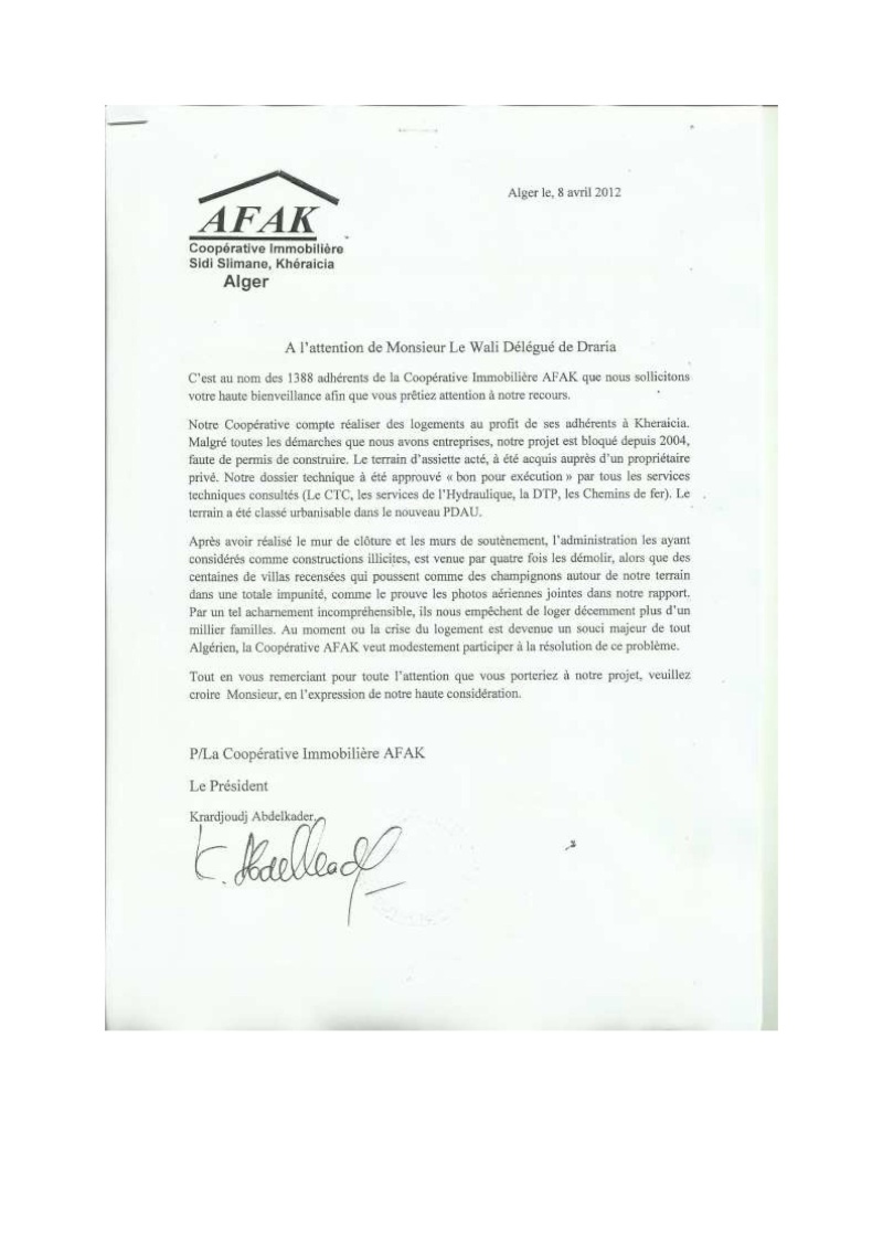 Lettre à l'attention de l'A.P.C de Khéraicia, Wali, Directeur de l'urbanisme, aux Ministres et