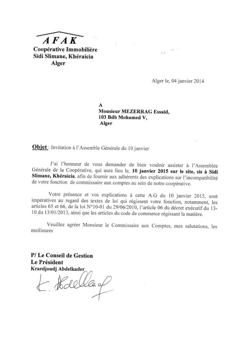       Lettre à l'attention de Mr Azouaou, Maitre Merabet du 04/12/2014 et Mr Mezerrag du 04/01/2015 Lettre31