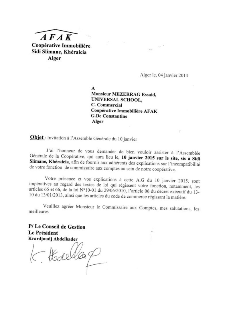       Lettre à l'attention de Mr Azouaou, Maitre Merabet du 04/12/2014 et Mr Mezerrag du 04/01/2015 Lettre32