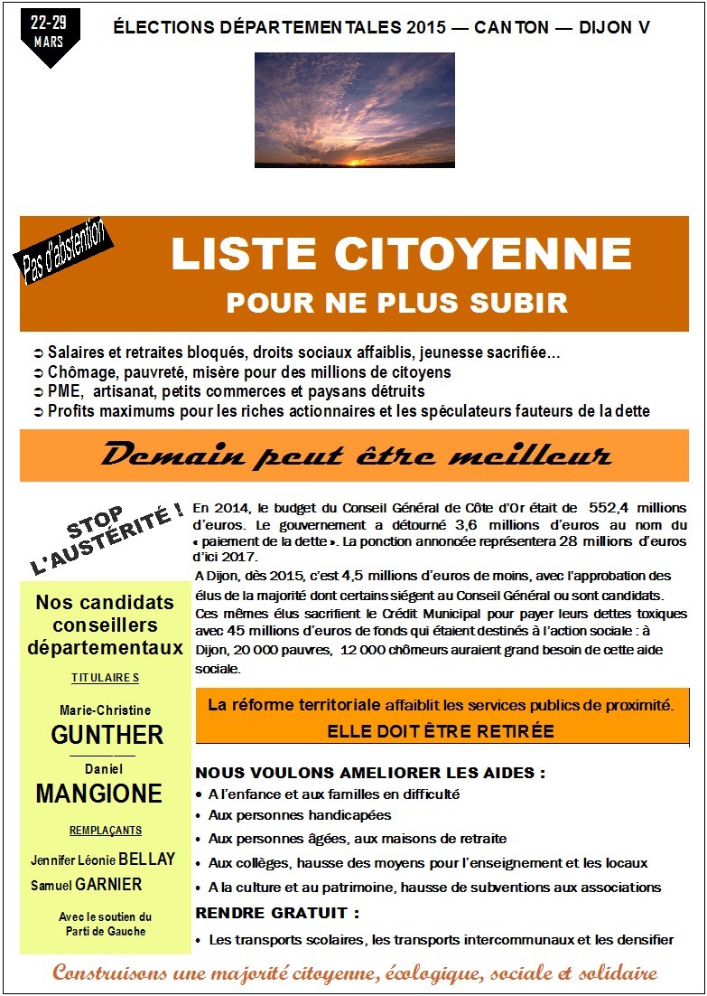 Elections départementales 2015 Dijon V - Profession de foi de la liste citoyenne + Une nouvelle équipe se lance dans la campagne (Bien Public) + Pour ne plus subir stop à l'austérité  Electi10