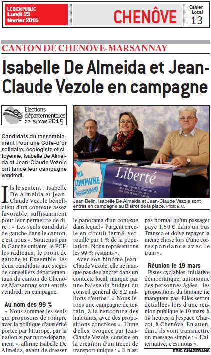 Élections départementales 2015. Chenôve-Marsannay : Isabelle de Almeida et Claude Vezole en campagne (Bien Public) Yylect10
