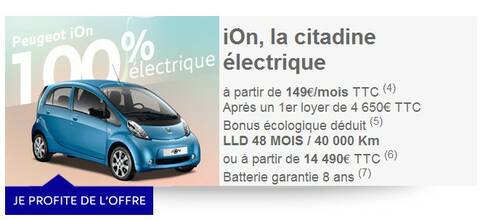 Peugeot Ion à 14490 euros garantie 5 ans et 8 ans pour la batterie