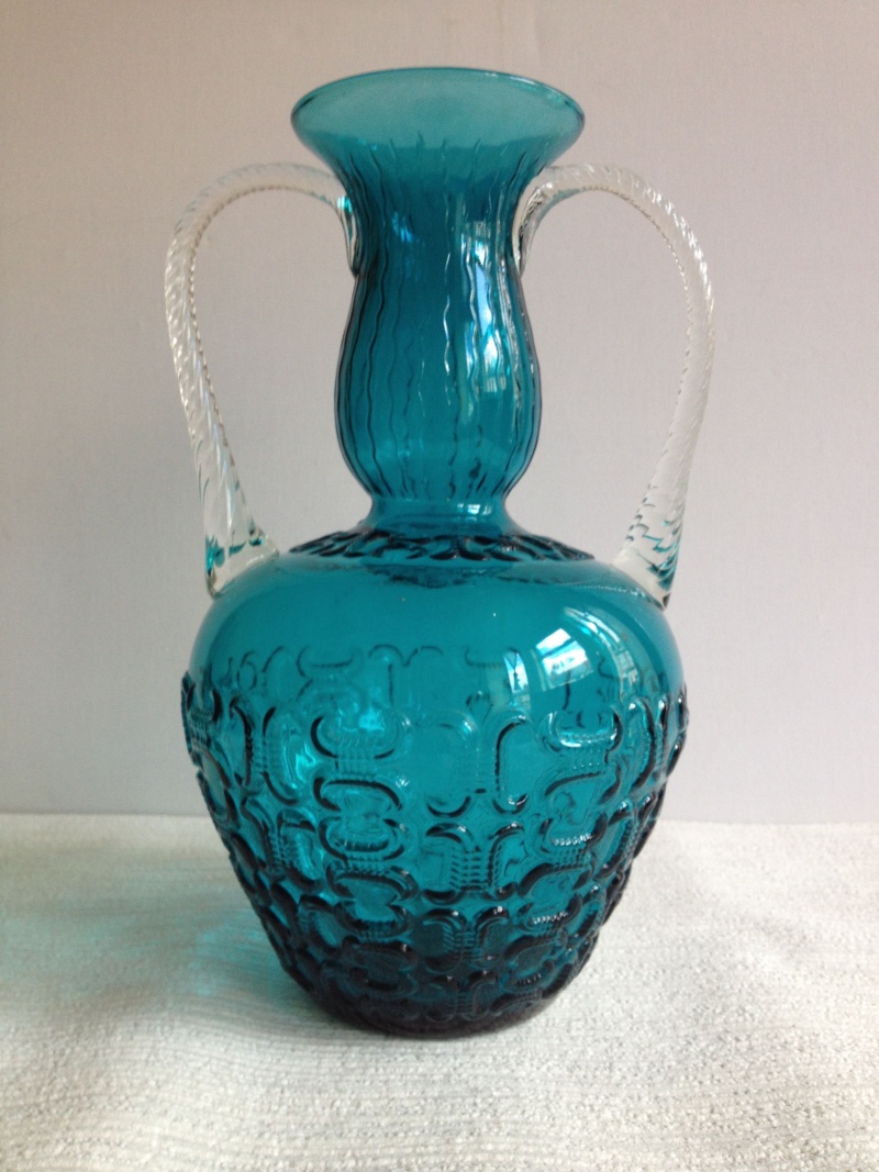 Blue Glass Vase with Raised Design and Twisted Handles, Italy, Empoli? Img_1717