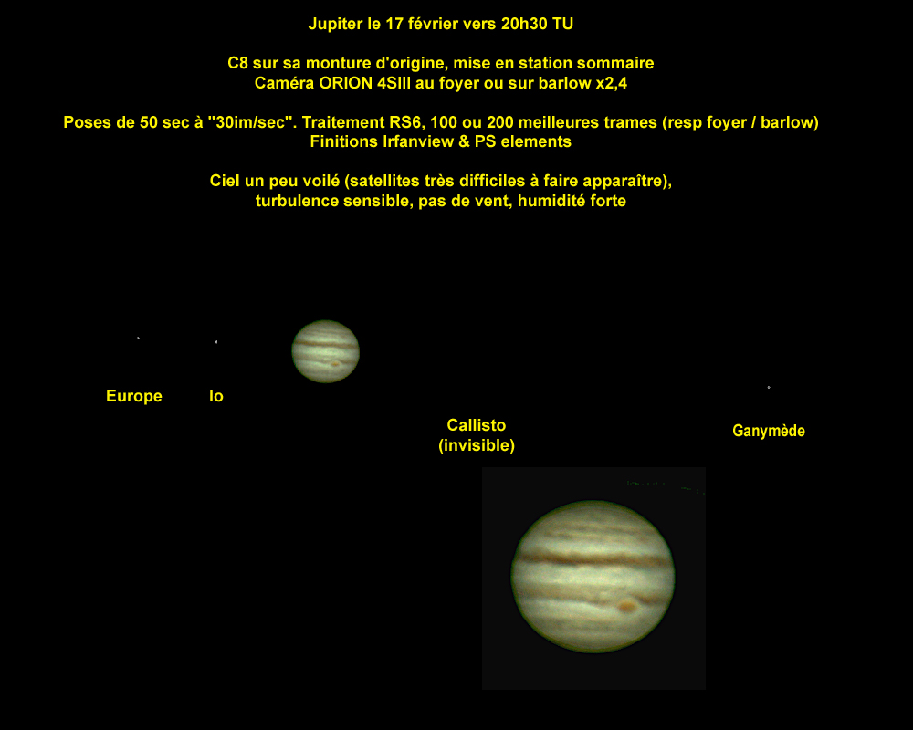 Jupiter le 17 février 2015 vers 20h30TU (C8 sans filtre) Jupite12
