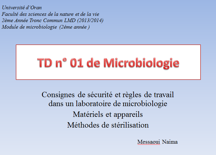 TD n° 01 de Microbiologie, Université d'Oran 110