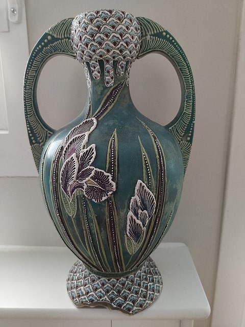 Austrian? Tall, heavy two handled vase with raised decoration - ID Img_2013