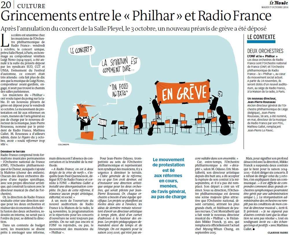 Grincements entre le " Philhar " et Radio France. Un préavis de grève a été déposé (Le Monde) Grince10