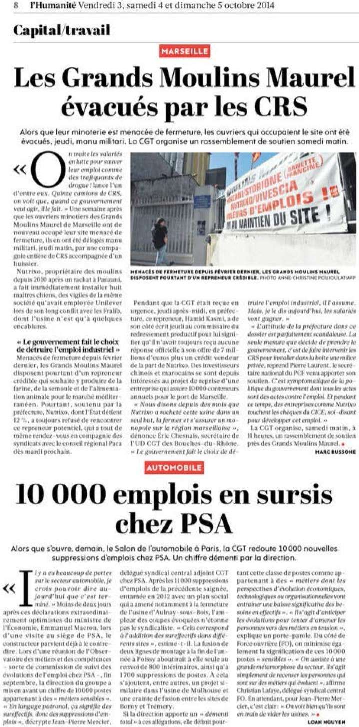 Les Grands Moulins Maurel évacués par les CRS + 10 000 emplois en sursis chez PSA (Humanité) + le gouvernement aux ordres des patrons voyous ! (Parti de Gauche) Maurel10
