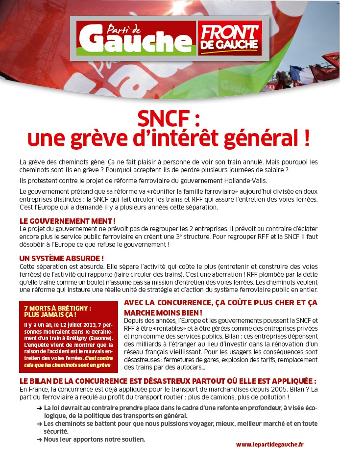 Les cheminots qui luttent aujourd'hui le font pour l'intérêt général (Martine Billard) + Conflit à la SNCF : « Hollande est plus ferme à l’égard des cheminots que de la finance » (Médiapart) + Divers Soutie10