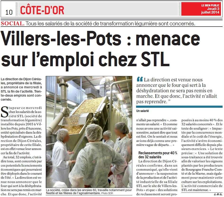 Villers-les-Pots : Menace sur l'emploi chez STL (Bien Public) + Villers-les-Pots : Dijon céréales suspend l’activité de la Société de transformation légumière (Le Miroir) + Divers  Stl10