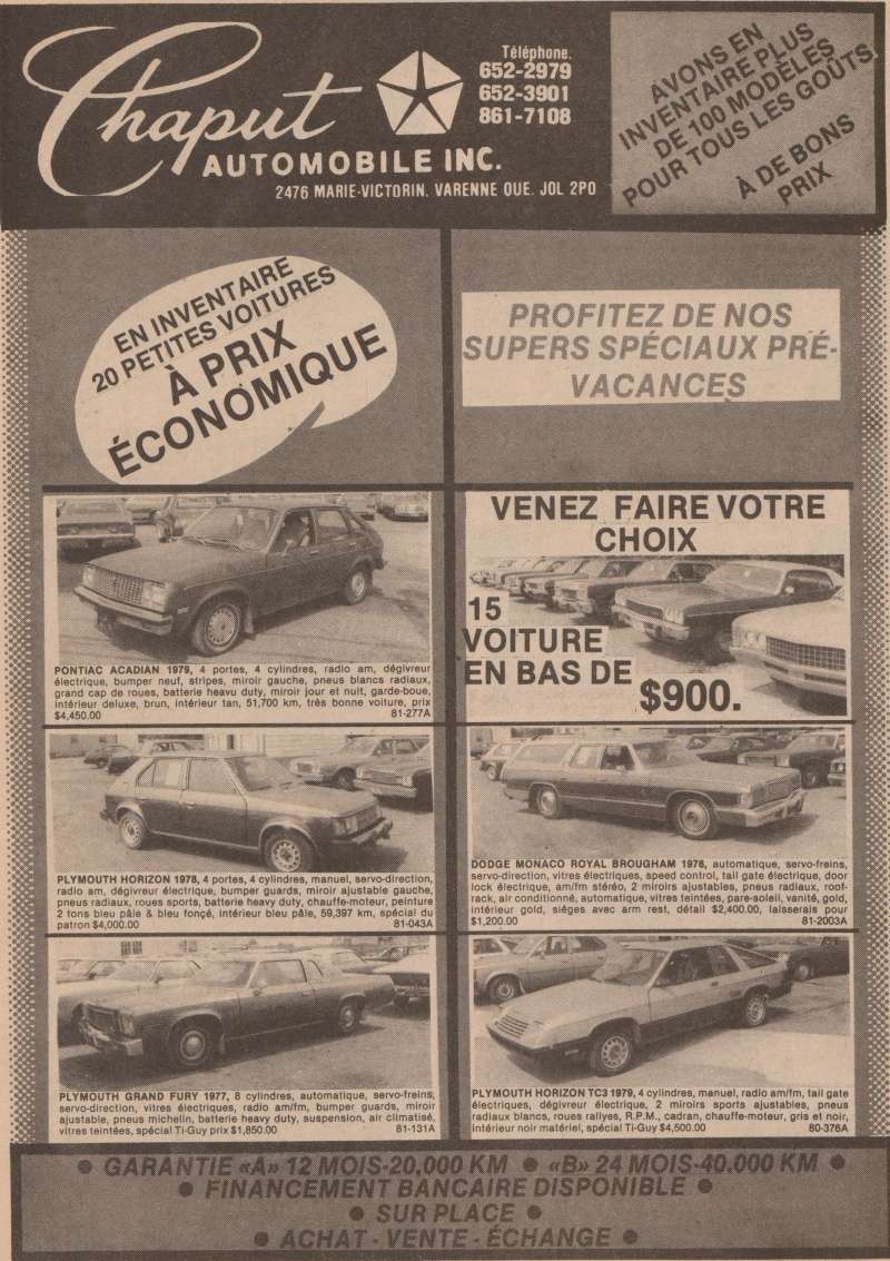 Serie:Des Plymouth intéressant qui ont été a vendre ici au Québec 70s 80s Chaput10