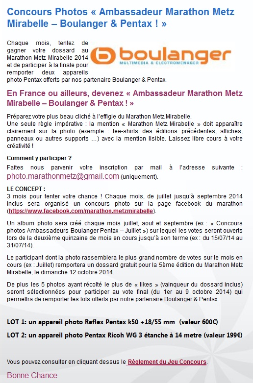 Concours Photos « Ambassadeur Marathon Metz Mirabelle – Boulanger & Pentax ! »  Presse14