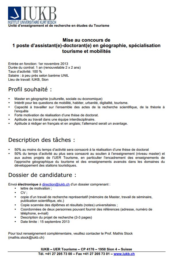 Institut Universitaire Karl Bösch (Sion, Suisse) : poste d’assistant(e)-doctorant en géographie, spécialité : Tourisme et mobilités Iukb10