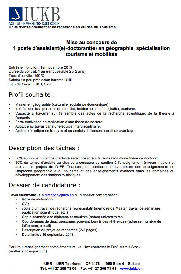 Institut Universitaire Karl Bsch (Sion, Suisse)  : poste dassistant(e)-doctorant en gographie, spcialit : Tourisme et mobilits Iukb10