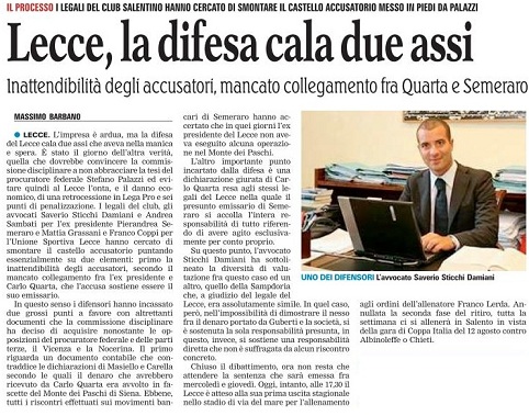 SENTENZA DI 1° GRADO DELLA COMMISSIONE DISCIPLINARE (10/08/2012): LECCE RETROCESSO IN LEGA PRO ED € 30.000 DI AMMENDA. Gdm05010