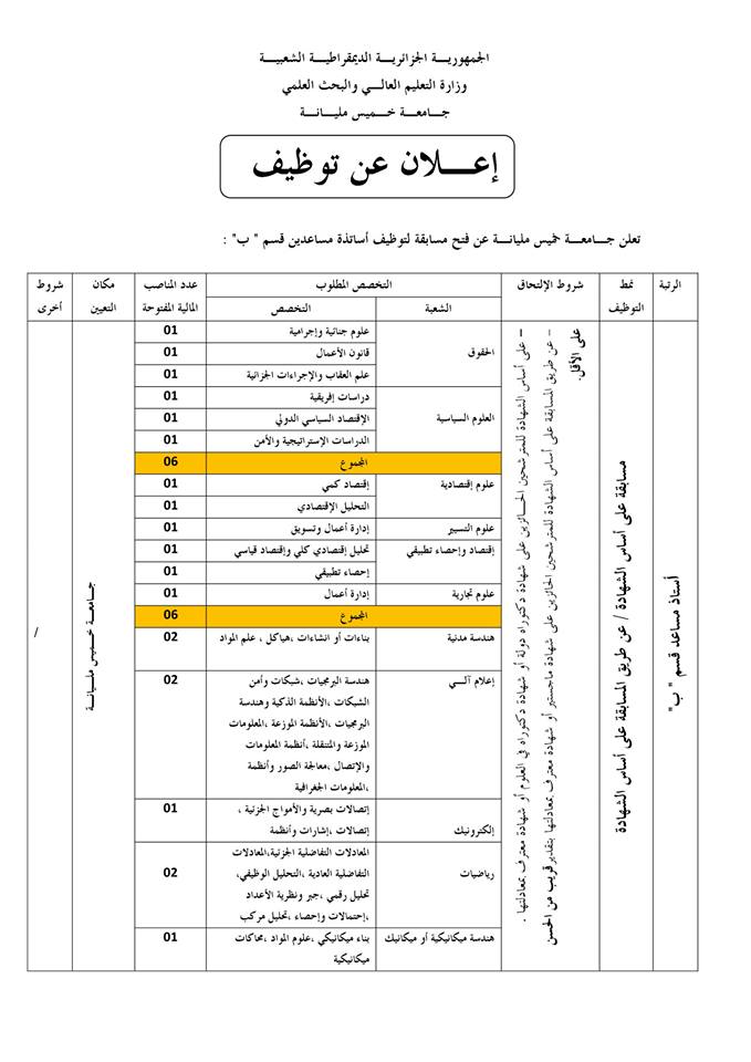 اعلان توظيف جامعة خميس مليانة - أساتذة مساعدين قسم ب -  2013 99871210