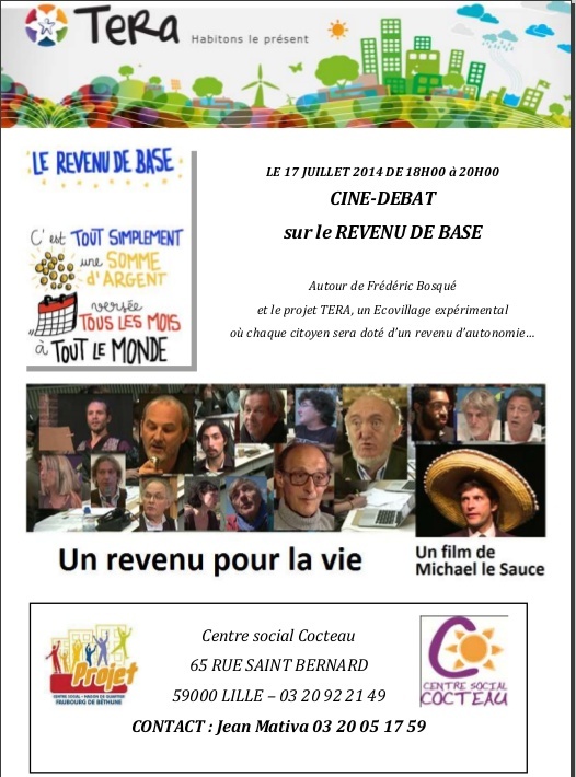 Ciné-Débat le 17 juillet 2014 à Lille, autour de Frédéric Bosqué et le projet TERA Revenu10