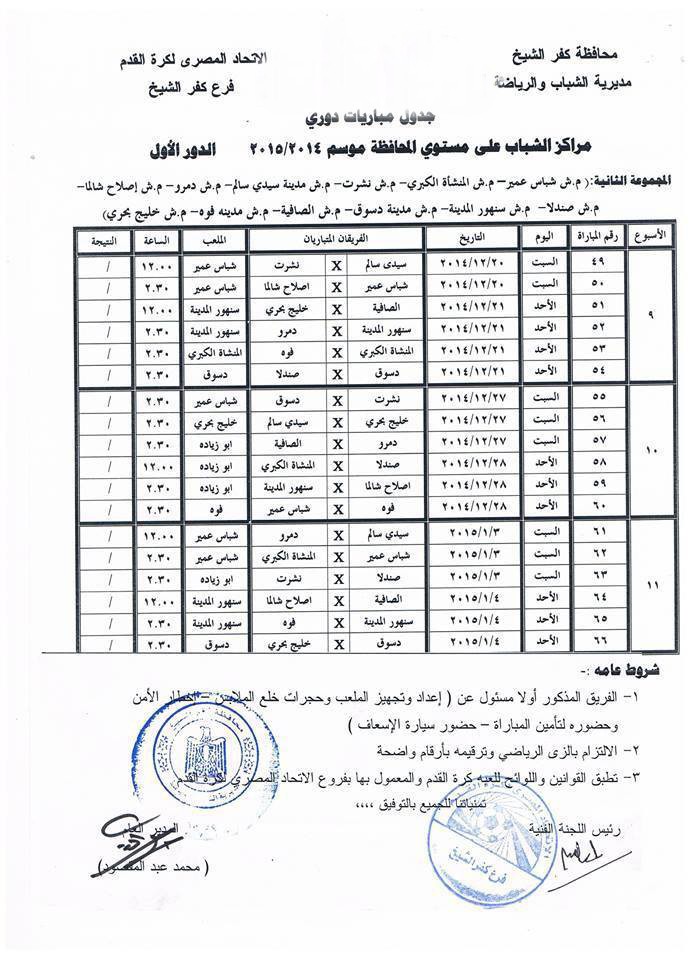 جدول دوري مراكز الشباب بكفر الشيخ بمشاركة مركز شباب شباس عمير  415