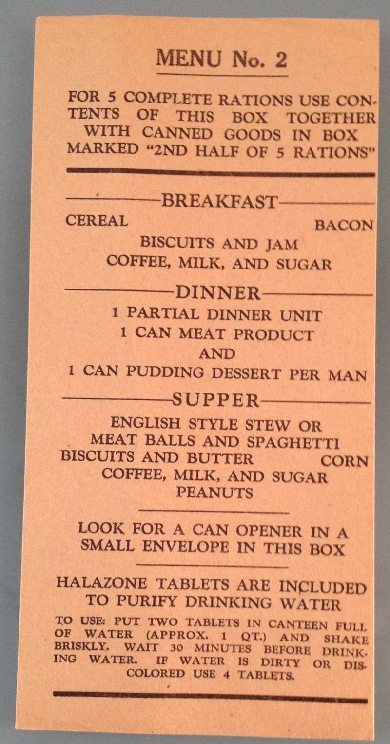 Les rations US:  10 in 1 rations,   K rations , D rations etc. Menu_210