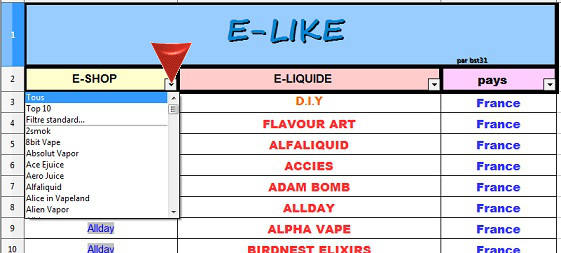 tableau EXCEL liste de recherche de Eliquide  Elike410