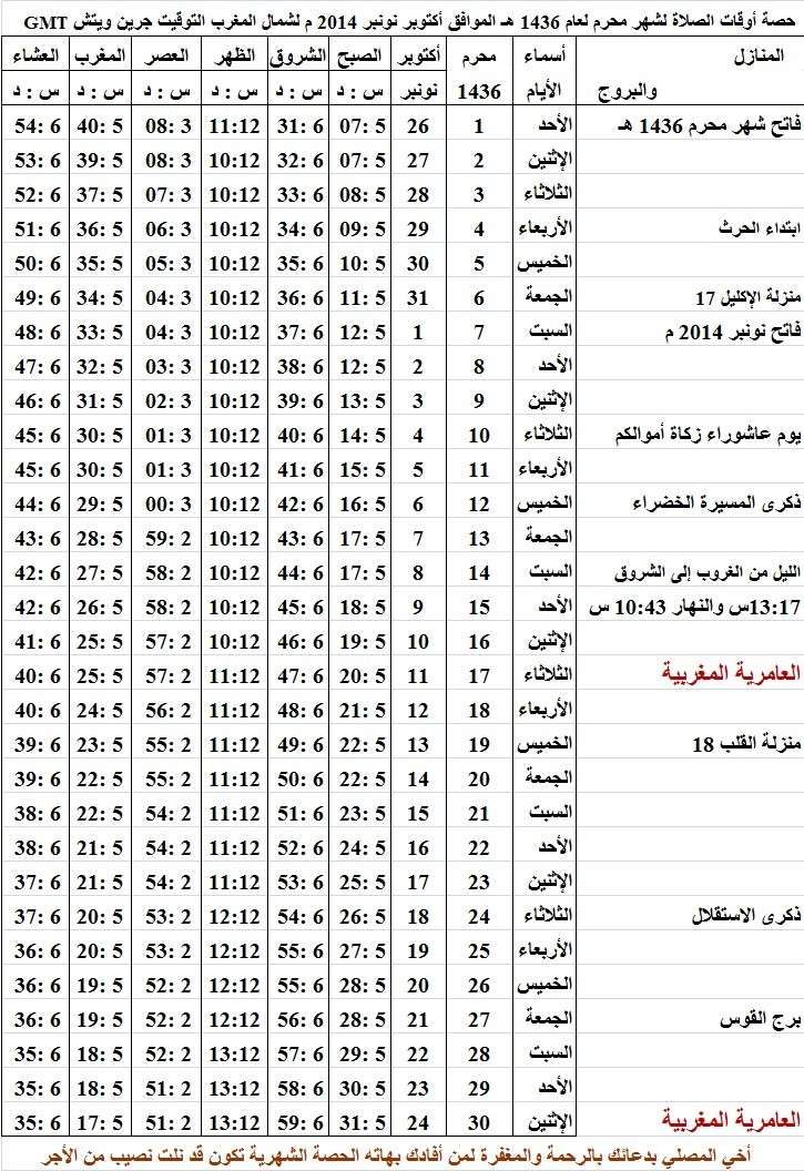 حصة أوقات الصلاة لشهر محرم عام 1436هـ الموافق أكتوبر نونبر 2014 م شمال المغرب جرين ويش Mohara10