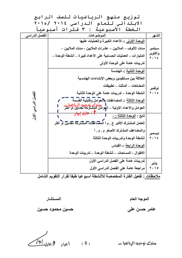 حصرياً توزيع منهج الرياضيات للصف الرابع  الإبتدائى الجديد ترمين2015 __aa10