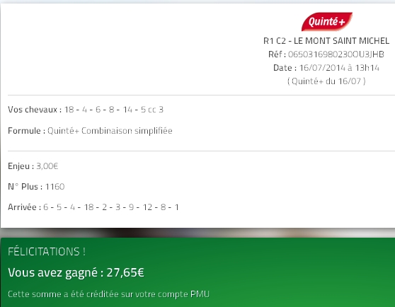 16/07/2014 --- LE MONT SAINT MICHEL --- R1C2 --- Mise 20 € => Gain 27,65 € Screen57