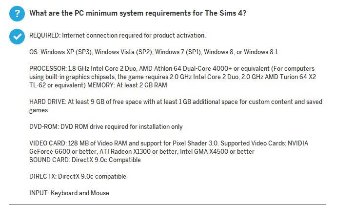 The official system requirements of The Sims 4 10424310