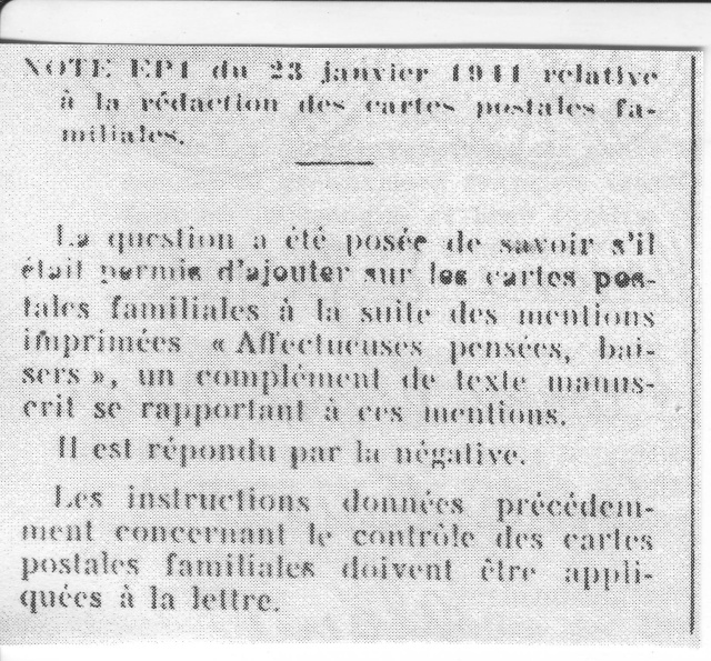 Note E.P.1 du 04.12.1940 relative au contrôle à exercer sur les Cartes Postales familiales (Interzone) 3001610