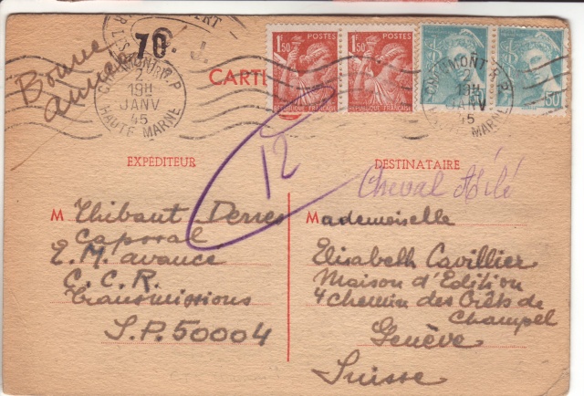 Lettre de Fontaine Denis (Marne) du 30.12.1944 avec censure C.F. cachet du même type que C.J. et C.R. 6001510