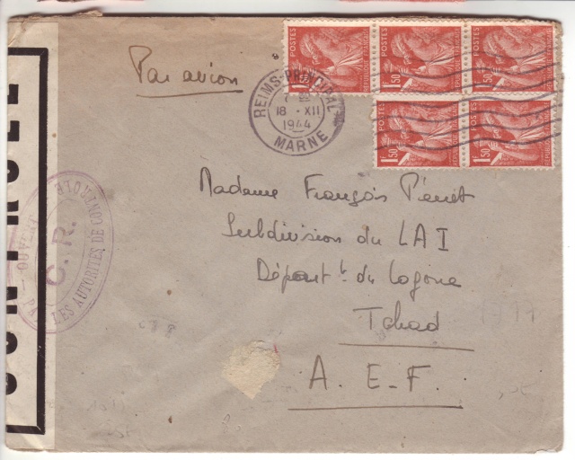 Lettre de Fontaine Denis (Marne) du 30.12.1944 avec censure C.F. cachet du même type que C.J. et C.R. 9001010