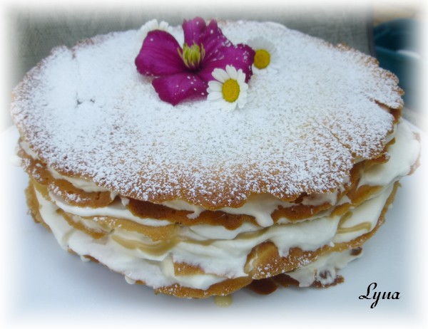 Gâteau étagé de gaufrettes (tuiles), sauce au sucre à la crème Gyteau11