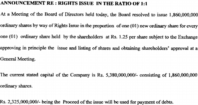 Browns Investment Rights Issue 1:1 @ Rs. 1.25 Bli10