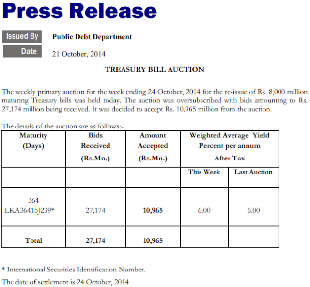 Treasury Bill auction held on 21 October 2014 Cbsl27