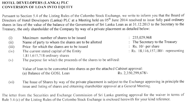 Hotel Developers (Lanka) - Conversion of Loan into Equity Hotel10