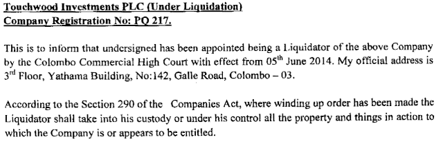 Touchwood - Appointment of Liquidator Liq10