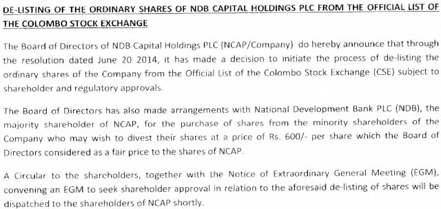 De-listing NDB Capital Holdings Ncp11