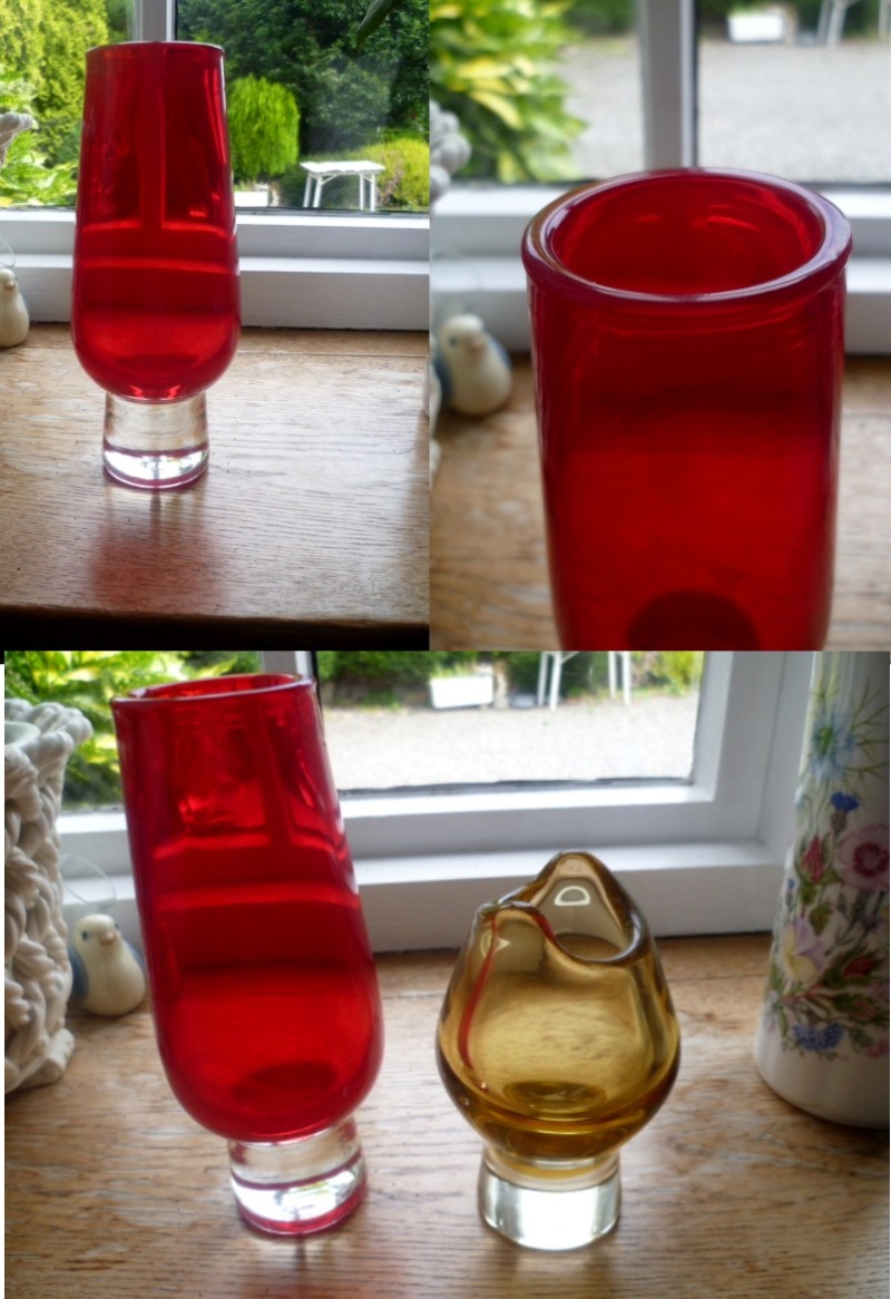 Rounded rim Red vase with clear base. I'm sure I used to know who made this Ared10