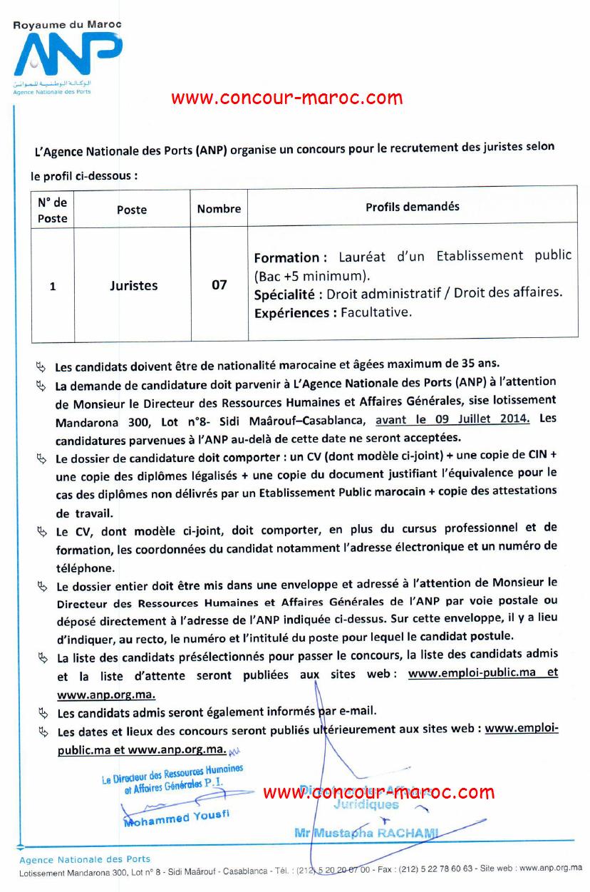 الوكالة الوطنية للموانئ : مباراة لتوظيف أطر في القانون (7 مناصب) آخر أجل لإيداع الترشيحات 9 يوليوز 2014 Concou79