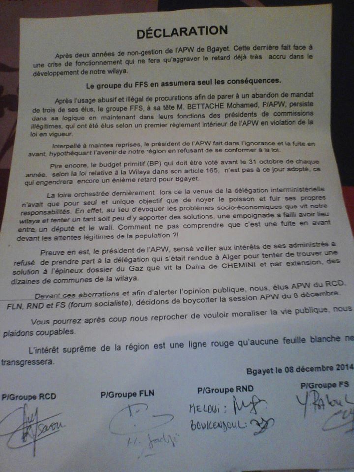 Declaration des elus apw de bejaia fln, rcd, forum socialiste, 2 elus rnd 110