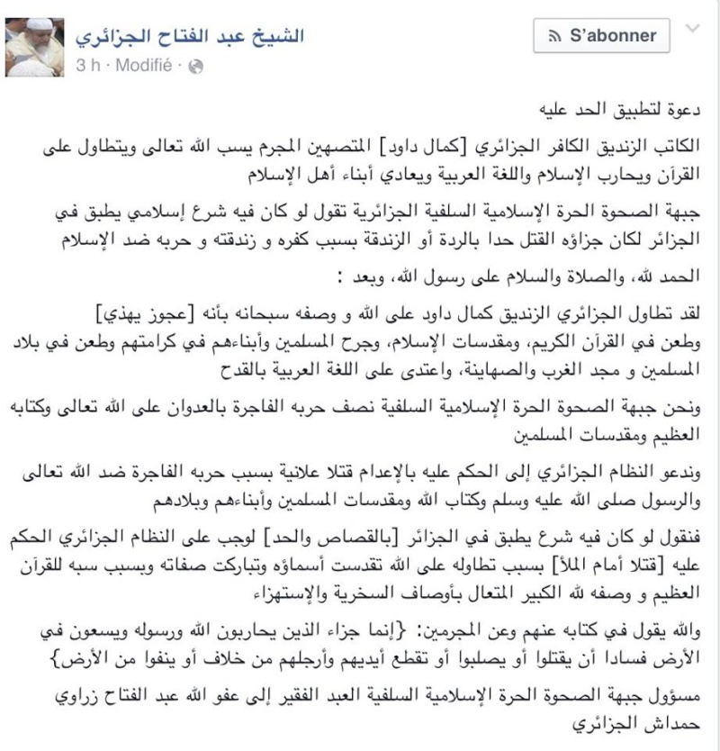Fatwa pour tuer kamel Daoud émise par le mouvement salafiste algérien et signé par Abd El Fettah Hamdache... 137