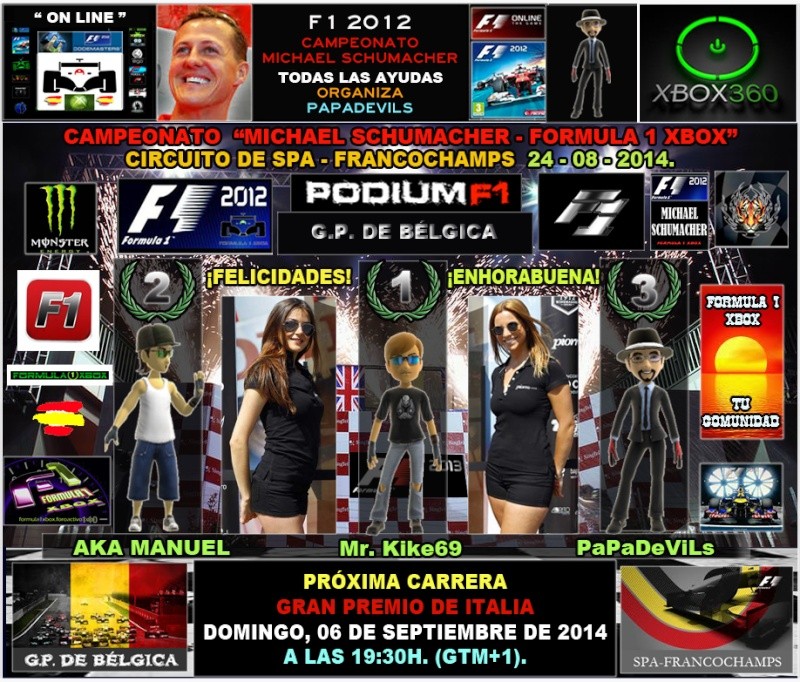 F1 2012 / RESULTADOS DE LA 12ª CARRERA / CLASI / PODIUM / CLASIFICACIÓN GENERAL   Campeonato "Michael Schumacher - Formula 1 Xbox"  Gran Premio de Bélgica - Circuito de Spa - Francochamps, Domingo 24 de Agosto de 2014. F1-pod24