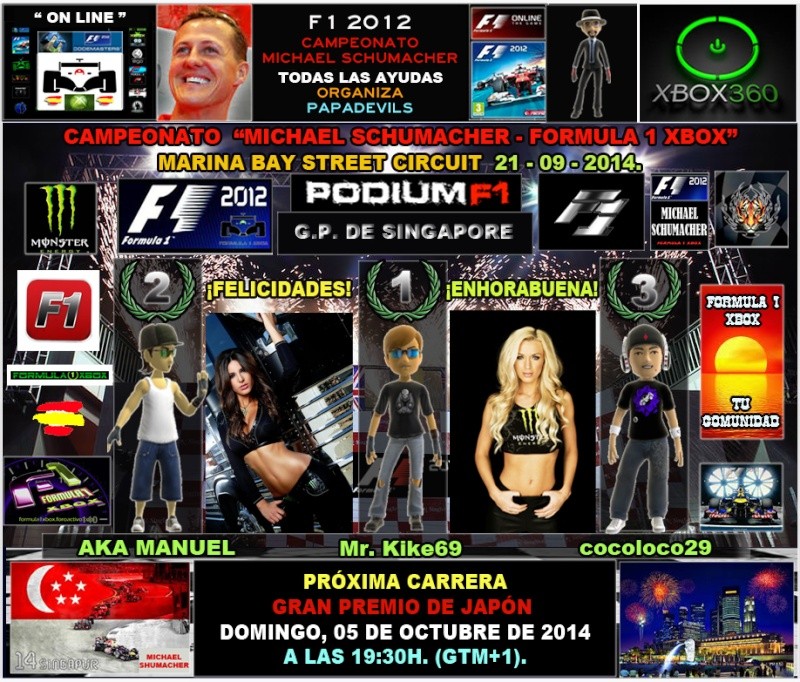 F1 2012 / RESULTADOS DE LA 14ª CARRERA / CLASI / PODIUM / CLASIFICACIÓN GENERAL   Campeonato "Michael Schumacher - Formula 1 Xbox"  Gran Premio de Singapore - Marina Bay Street Circuit, Domingo 21 de Septiembre de 2014. F1-pod31